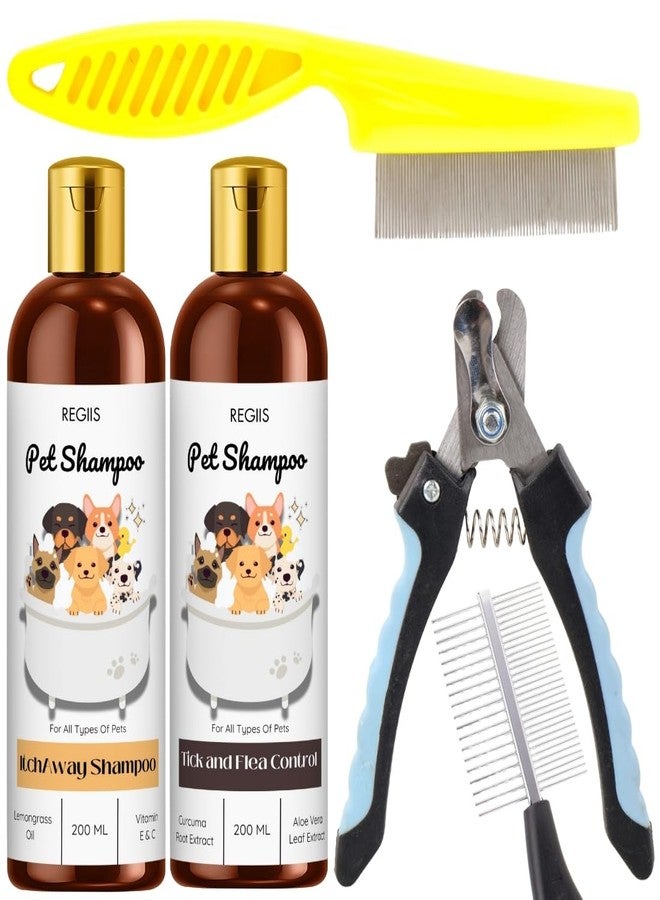 مجموعة شامبو ريجيس للحيوانات الأليفة مع مقص أظافر، تركيبة مضادة للحكة ومضادة للقراد، 200 مل لكل منها، مجموعة عناية احترافية لجميع أنواع الحيوانات الأليفة (عبوة من 5 قطع) - Image 1